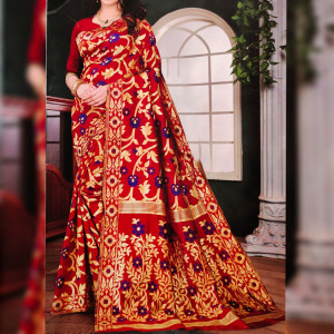 Maroon color Heavy Jaal Pattern Silk Saree