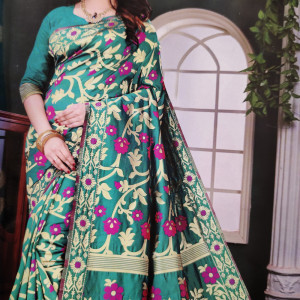 Rama green color Heavy Jaal Pattern Silk Saree