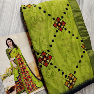 Bright Green (Dhani) color Beautiful Printed Saree with Swarovski work Border