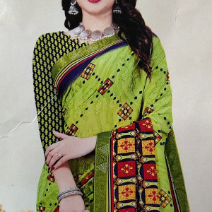 Bright Green (Dhani) color Beautiful Printed Saree with Swarovski work Border