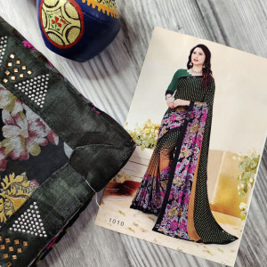 Dark Green color Sarees - Beautiful Printed Saree with Swarovski work Border