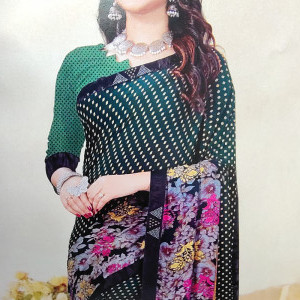 Dark Green color Beautiful Printed Saree with Swarovski work Border