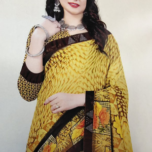 Light Yellow color Beautiful Printed Saree with Swarovski work Border