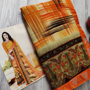 Orange color Beautiful Printed Saree with Swarovski work Border