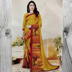 Yellow color Beautiful Printed Saree with Swarovski work Border