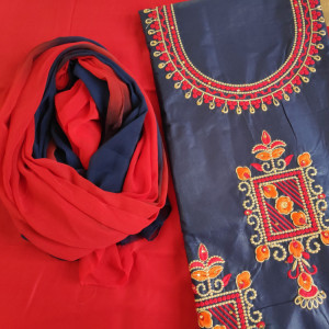 Navy Blue color Unstitched Suits - Casual Wear Suit Embroidered Suit With Two Tone Dupatta