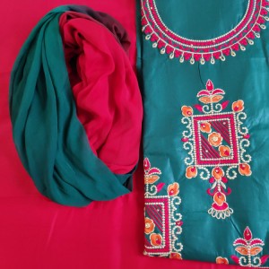 Dark Green color Unstitched Suits - Casual Wear Suit Embroidered Suit With Two Tone Dupatta
