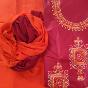 Maroon color Unstitched Suits - Casual Wear Suit Embroidered Suit With Two Tone Dupatta