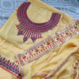 Yellow color Unstitched Suits - Embroidered Party Wear Suit