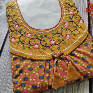 Mustard color Embroidery work Hosiery Nighty for Women 
