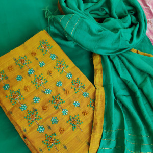 Golden Mehndi  color Unstitched Suits - Chanderi Handwork Party Wear Suit Material