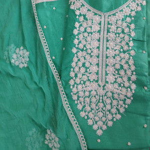 Greenish Blue color Unstitched Suits - Festive/ Casual Wear Suit With Thread Embroidery and Pearl Work