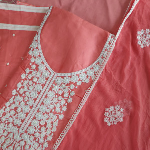 Peach color Unstitched Suits - Festive/ Casual Wear Suit With Thread Embroidery and Pearl Work