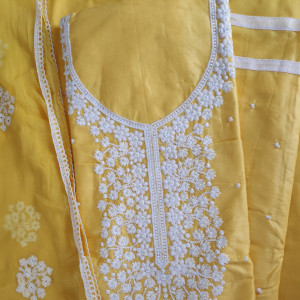 Yellow color Unstitched Suits - Festive/ Casual Wear Suit With Thread Embroidery and Pearl Work