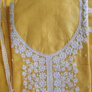 Yellow color Festive/ Casual Wear Suit With Thread Embroidery and Pearl Work