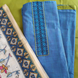 Blue color Unstitched Suits - Boutique style Casual/ Formal Wear Suit With Kantha Work Dupatta