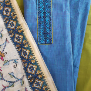 Blue color Boutique style Casual/ Formal Wear Suit With Kantha Work Dupatta