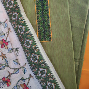 Green color Unstitched Suits - Boutique style Casual/ Formal Wear Suit With Kantha Work Dupatta