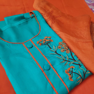 Blue color Beautiful Embroidered Party Wear Suit With Chanderi Dupatta