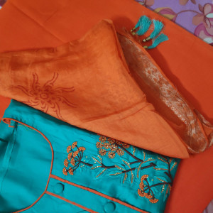 Blue color Beautiful Embroidered Party Wear Suit With Chanderi Dupatta