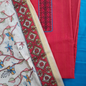 Red color Unstitched Suits - Boutique style Casual/ Formal Wear Suit With Kantha Work Dupatta