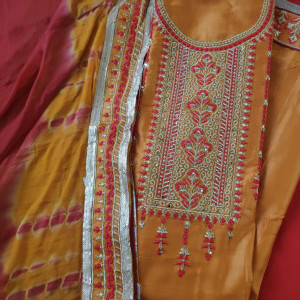 Yellow color Unstitched Suits - Festive Wear Embroidered Cotton Suit With Broad Border Dupatta