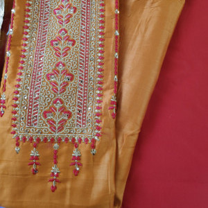 Yellow color Festive Wear Embroidered Cotton Suit With Broad Border Dupatta